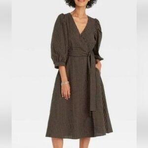 A NEW DAY Gingham Plaid Puff Sleeve Faux Wrap Midi Dress in Navy Olive Size XS